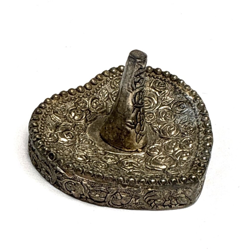 Heart Shaped Ornate Ring Holder Dish Silver Plated Vintage Patina Victorian Rose